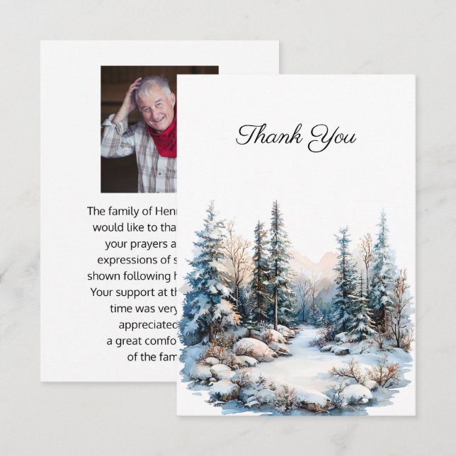 Snowy Landscape Funeral Photo Thank You (Front/Back)
