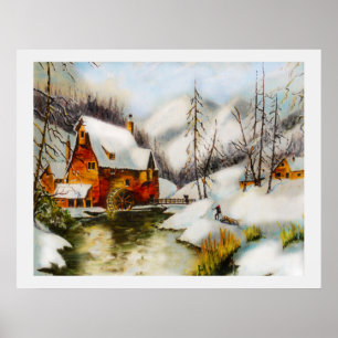 Snowy landscape with water wheel poster