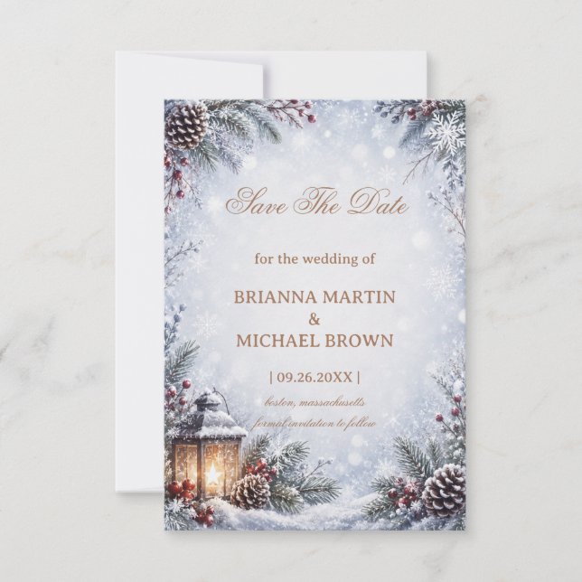 Snowy Lantern Pinecone Winter Romance Save The Date (Front)