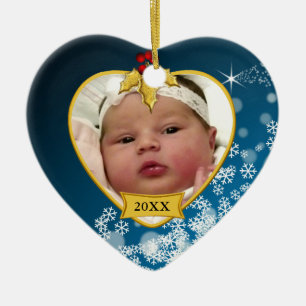 Snowy Light Blue Baby's First Christmas Photo Ceramic Ornament