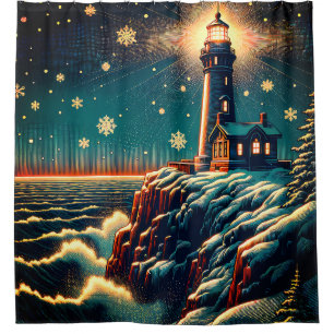 “Snowy Lighthouse on Cliff”