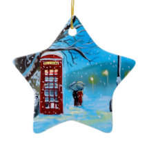 Snowy London winter couple red umbrella