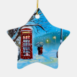 Snowy London winter couple red umbrella Ceramic Ornament