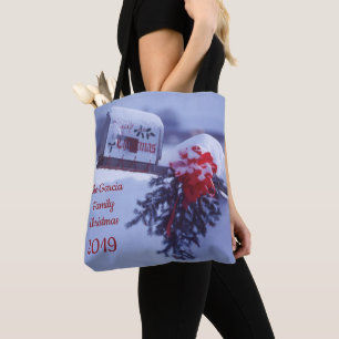 Snowy mailbox, pine bough, red bow, berries Family Tote Bag