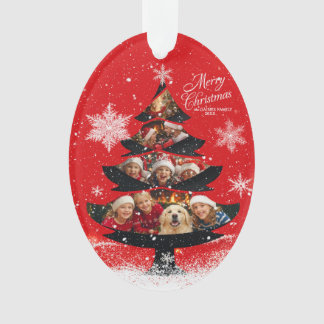 Snowy Merry Christmas Family Photo Tree Ornament