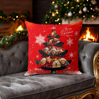 Snowy Merry Christmas  Family Photo Tree Throw Pillow