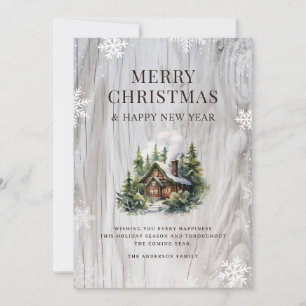 Snowy Merry Christmas Log Cabin Holiday Card