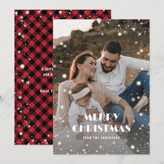 Snowy Merry Christmas Red Buffalo Plaid Photo Holiday Card (Front/Back)