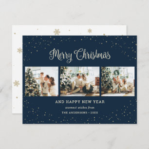 Snowy Modern Blue Photo Collage Christmas Cards