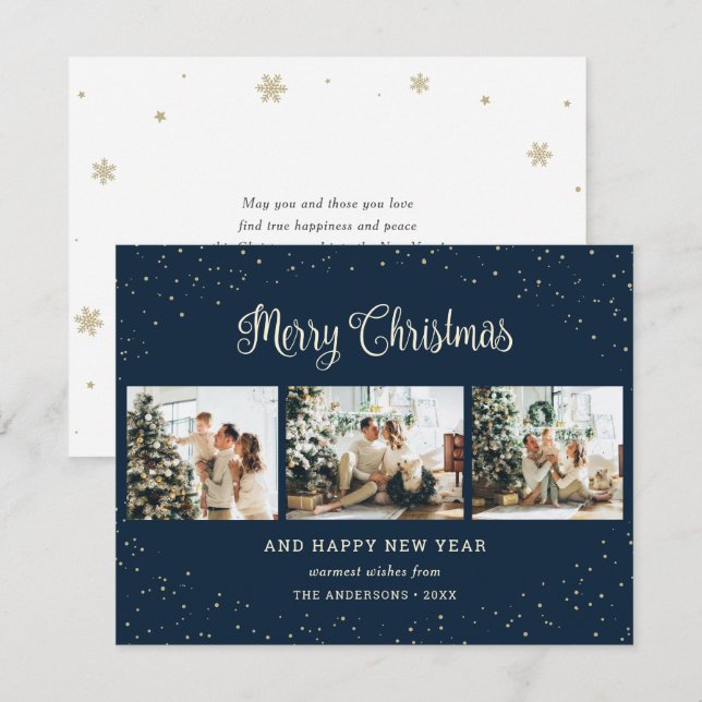 Snowy Modern Blue Photo Collage Christmas Cards (Front/Back)