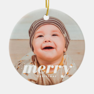 Snowy Modern Personalized Merry Christmas Photo Ceramic Ornament