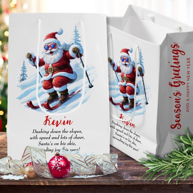 Snowy Modern Ski Santa Red And White Christmas Medium Gift Bag (Creator Uploaded)