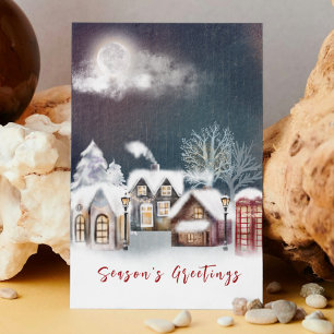 Snowy Moonlit Village Christmas Scene Winter Holiday Card