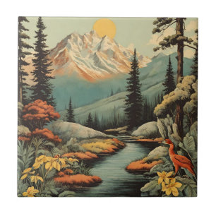 Snowy Mountain and Forest River Landscape Tile