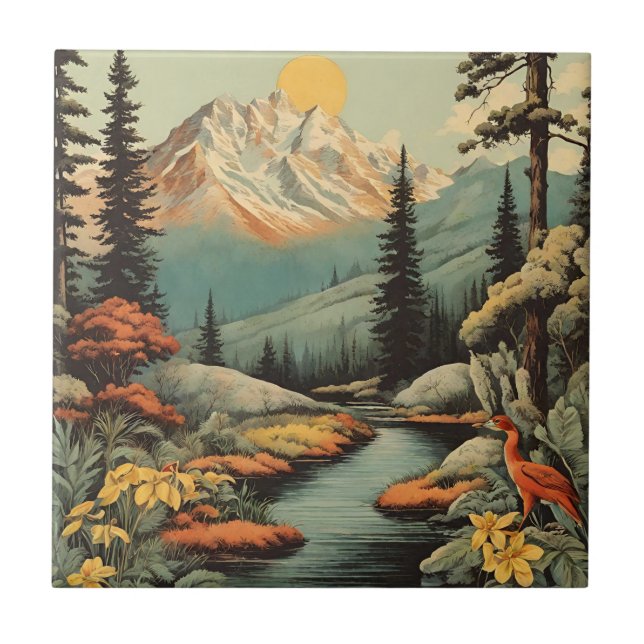 Snowy Mountain and Forest River Landscape  Tile (Front)