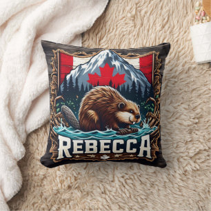 Snowy Mountain, Beaver, Canadian Flag Throw Pillow