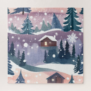 Snowy Mountain Cabin Watercolor Jigsaw Puzzle
