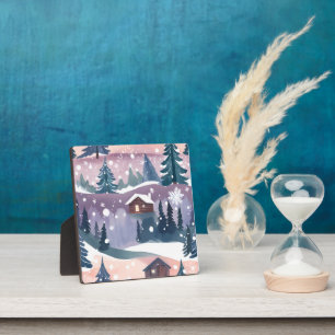 Snowy Mountain Cabin Watercolor Plaque