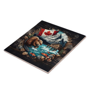 Snowy Mountain, Canadian Beaver, Ocean View Tile