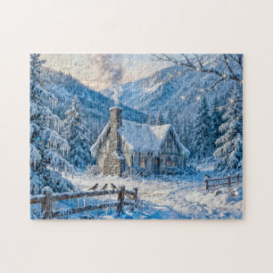 Snowy Mountain Cottage with Smoke and Pines Painti Jigsaw Puzzle