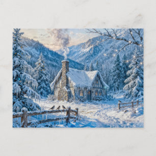 Snowy Mountain Cottage with Smoke and Pines Painti Postcard