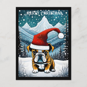 Snowy Mountain Cute Bulldog Santa Christmas Postcard
