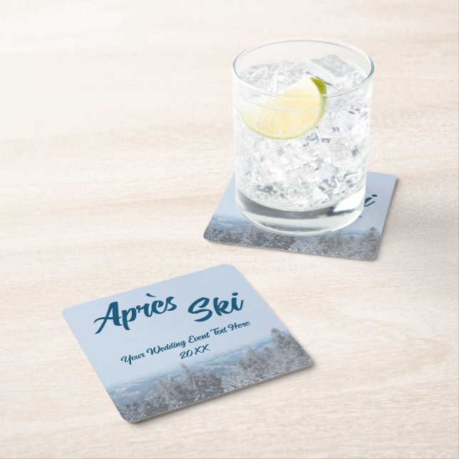 Snowy Mountain Forest Apres Ski Wedding Event Square Paper Coaster (Insitu)