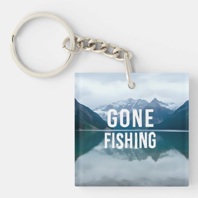 Snowy Mountain Lake Gone Fishing Keychain (Front)