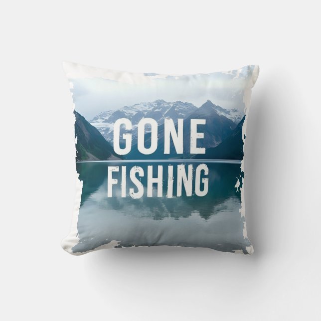 Snowy Mountain Lake Gone Fishing Throw Pillow (Front)