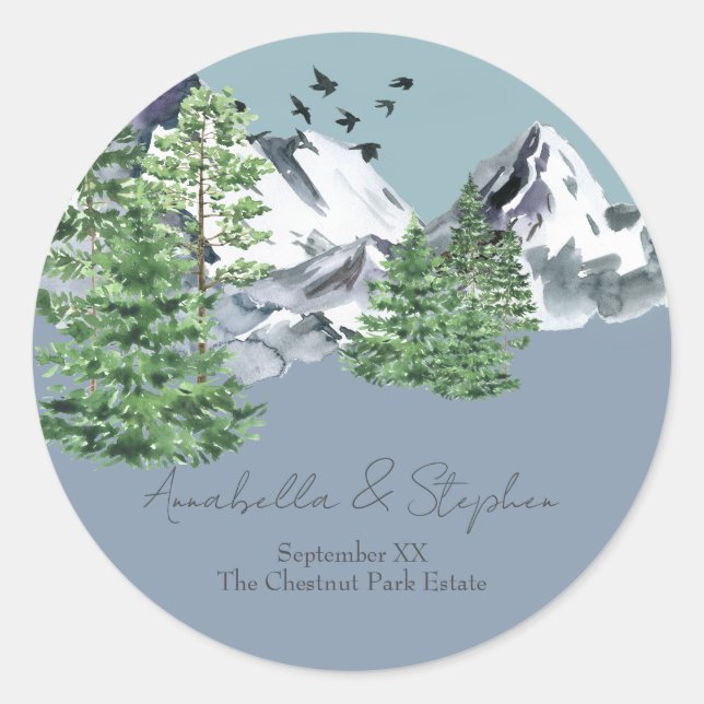 Snowy Mountain Landscape Pine Forest on Dusty Blue Classic Round Sticker (Front)