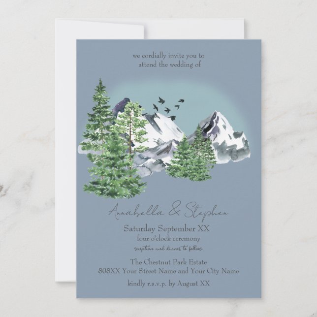 Snowy Mountain Landscape Pine Forest on Dusty Blue Invitation (Front)