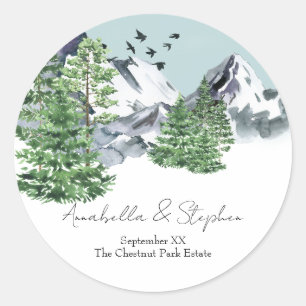 Snowy Mountain Landscape with Pine Forest Trees Classic Round Sticker