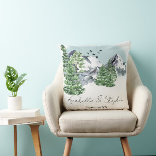 Snowy Mountain Landscape with Pine Forest Trees Throw Pillow