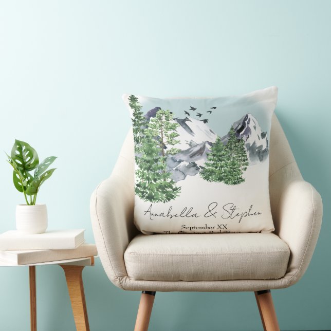 Snowy Mountain Landscape with Pine Forest Trees Throw Pillow (Chair)