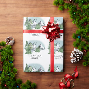 Snowy Mountain Landscape with Pine Forest Trees Wrapping Paper