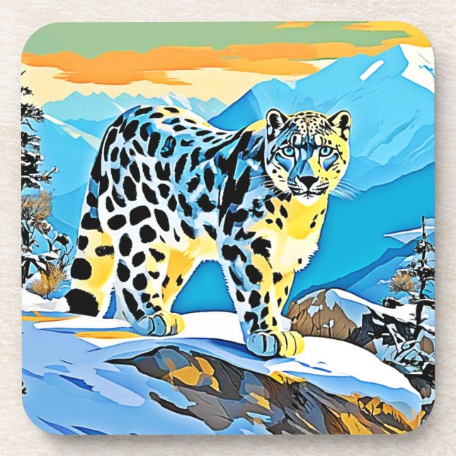 Snowy Mountain Leopard Stance Design Coaster (Front)