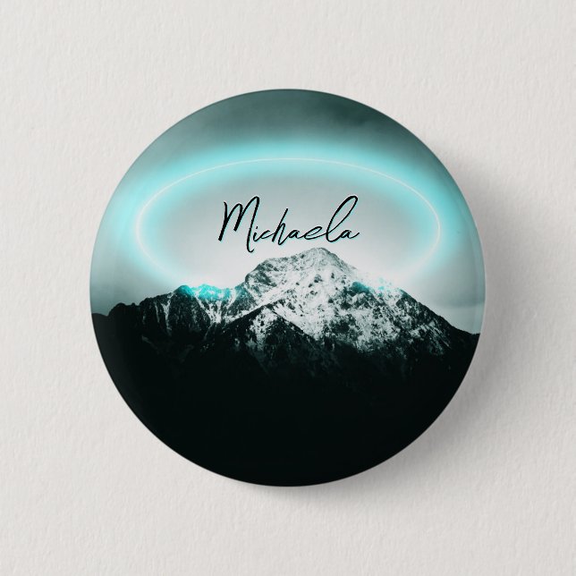 Snowy mountain mysterious blue neon light monogram 2 inch round button (Front)