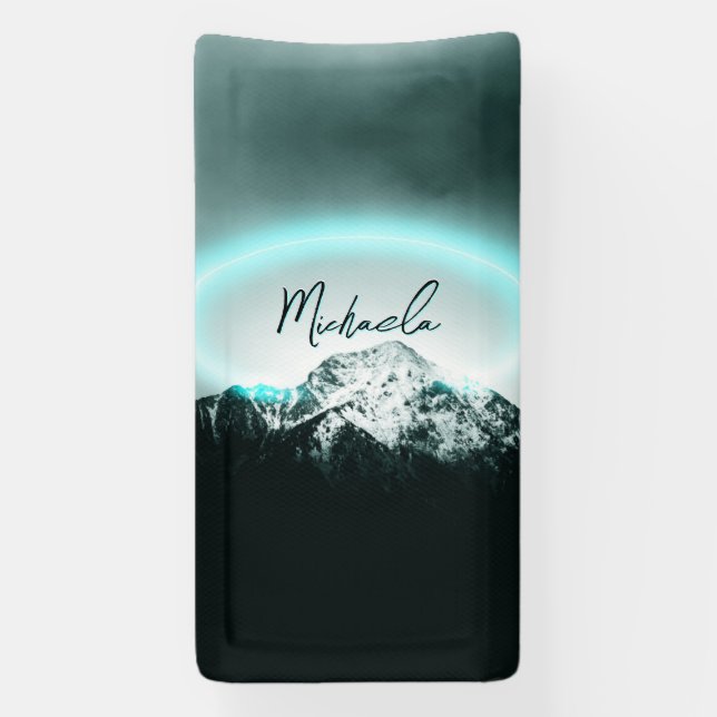 Snowy mountain mysterious blue neon light monogram banner (Vertical)