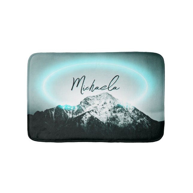 Snowy mountain mysterious blue neon light monogram bath mat (Front)
