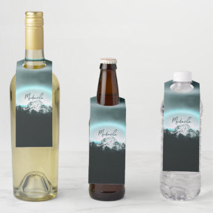 Snowy mountain mysterious blue neon light monogram bottle tag