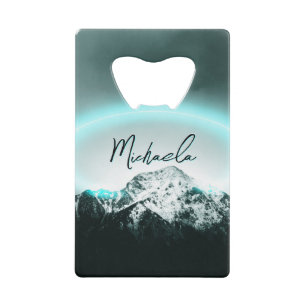 Snowy mountain mysterious blue neon light monogram credit card bottle opener