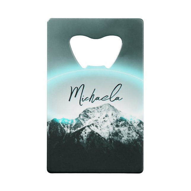 Snowy mountain mysterious blue neon light monogram credit card bottle opener (Front)