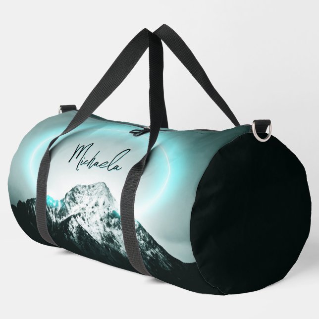 Snowy mountain mysterious blue neon light monogram duffle bag (Left Corner)