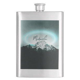 Snowy mountain mysterious blue neon light monogram hip flask