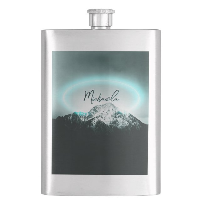 Snowy mountain mysterious blue neon light monogram hip flask (Front)