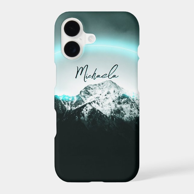 Snowy mountain mysterious blue neon light monogram iPhone case (Back)