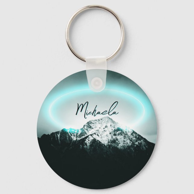 Snowy mountain mysterious blue neon light monogram keychain (Front)