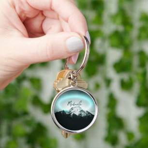 Snowy mountain mysterious blue neon light monogram keychain