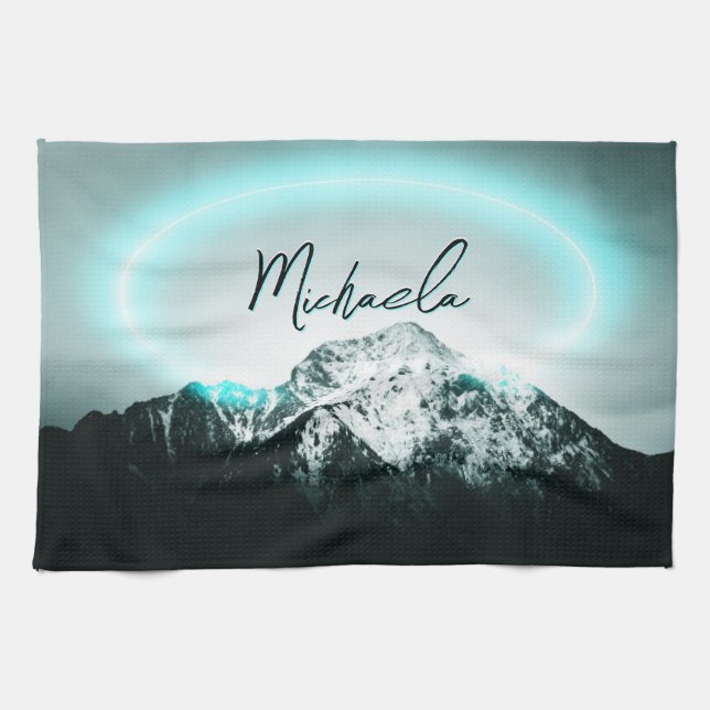 Snowy mountain mysterious blue neon light monogram kitchen towel (Horizontal)
