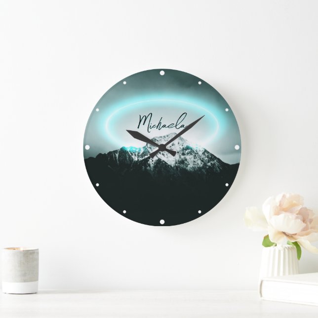 Snowy mountain mysterious blue neon light monogram large clock (Home)
